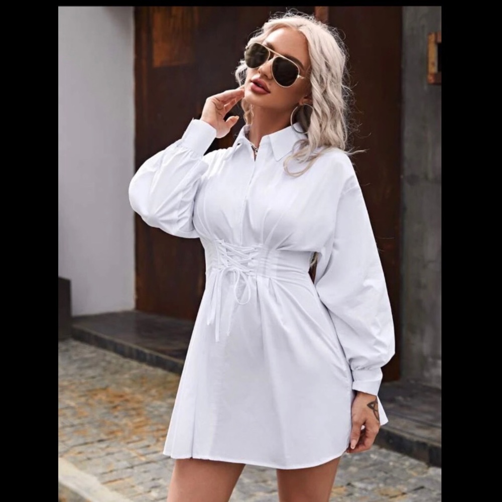 NEW White Corset Lace Up Slit Back Shirt Dress